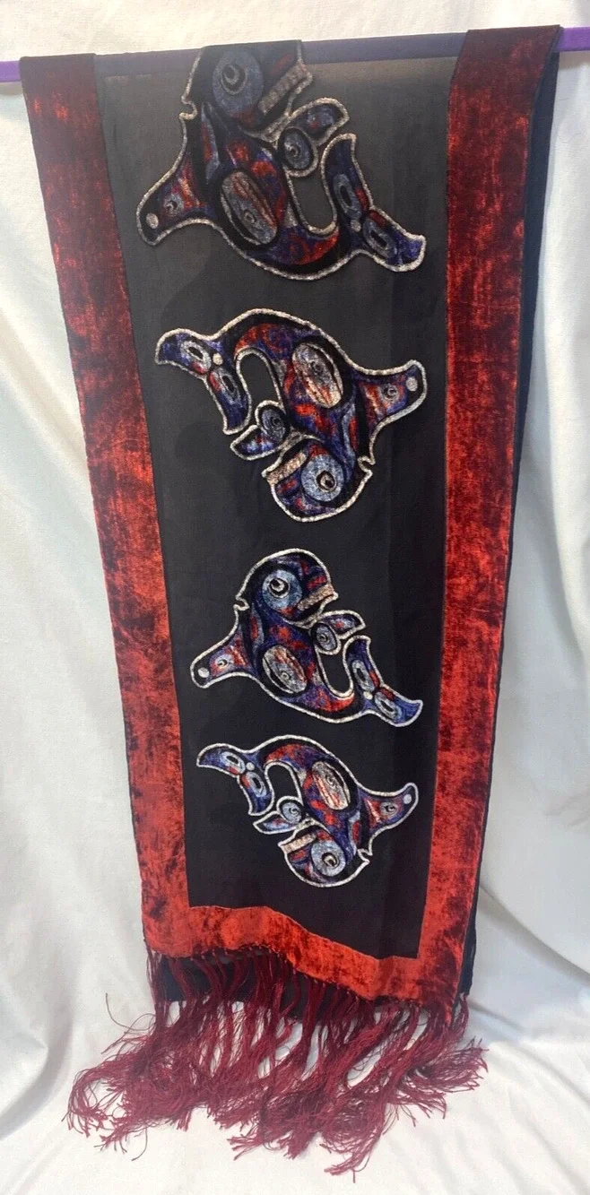 Scarf Native Whale Totem Art Print Burnout Velvet Silk Red Black